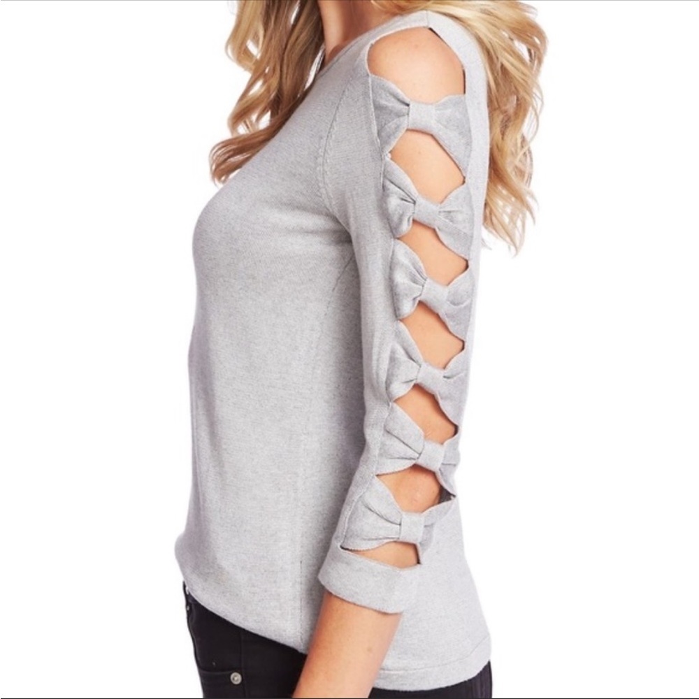 CECE Bow Cutout Sleeve Arm Crew neck Sweater Gray Stretchy size M